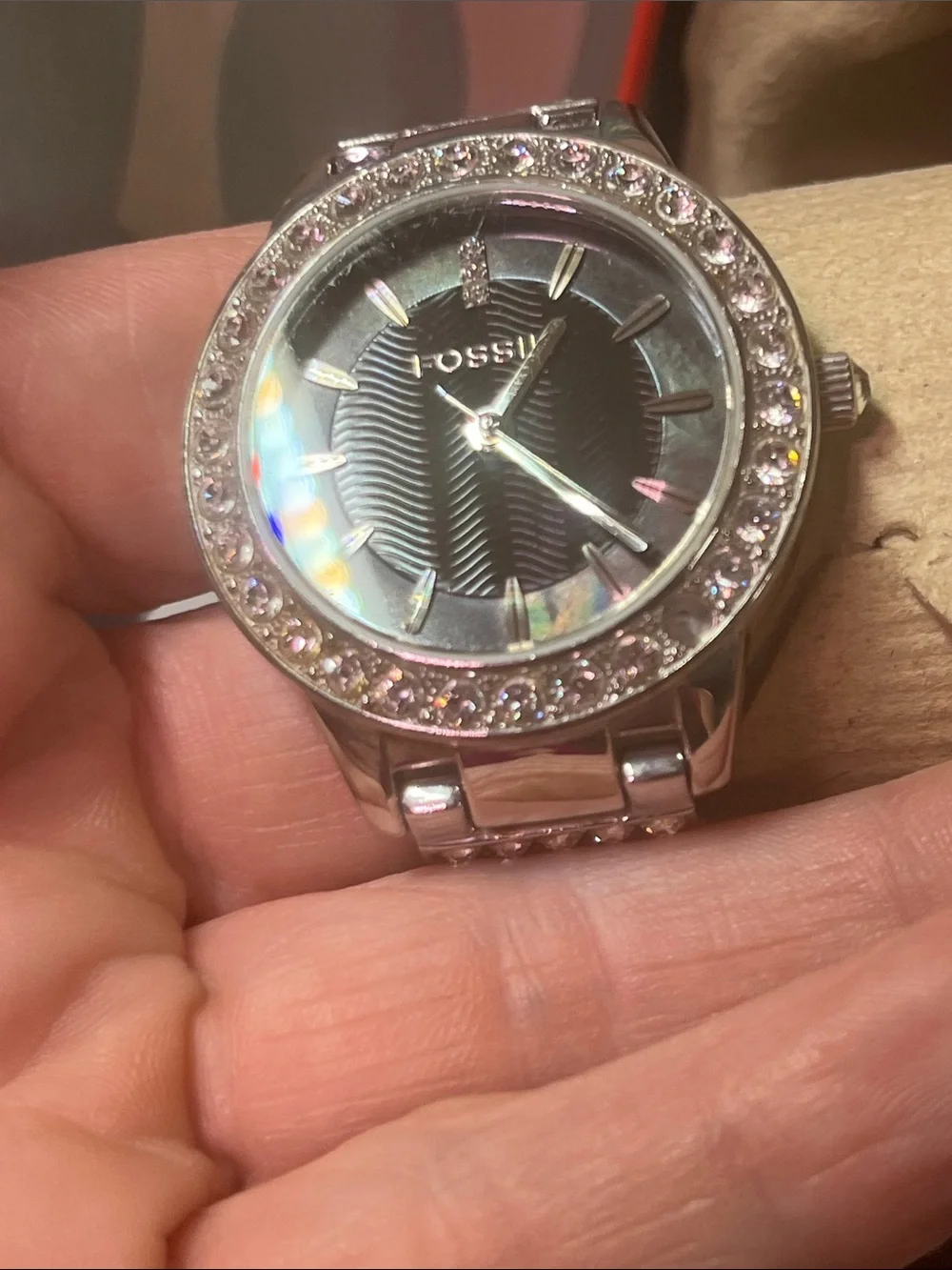 Fossil Silver Watch with Black Dial and Crystal Accents